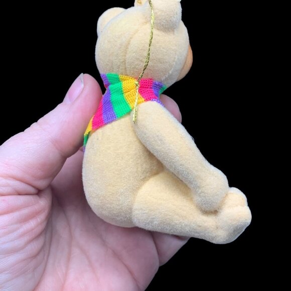 Vintage Blow Mold Flocked Teddy Bear w Rainbow Scarf Christmas Ornament - Picture 2 of 7